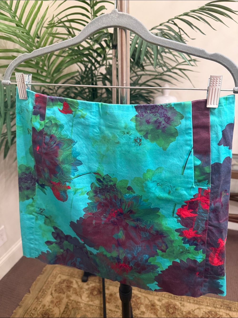 J. Crew Teal Floral Mini Skirt with Red and Purple Blooms